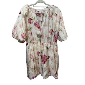 H&M Floral Linen Blend Puff‎ Sleeve Mini Dress Cream Pink Cottagecore Womens M
